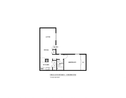 Floor plan for 1 bed, 1 bath, 713 sqft